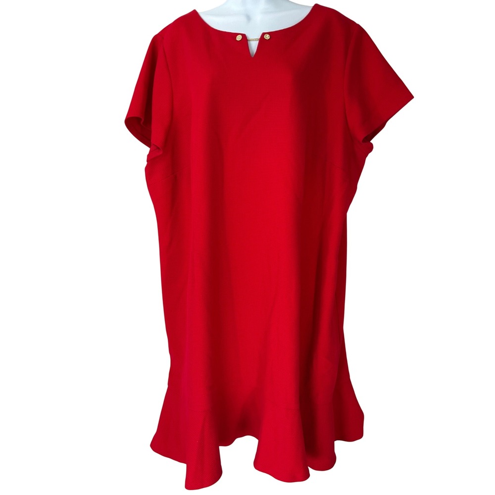 Talbots Dress Womens Sz 22 W Plus Petite Red Textured V-Neck Flounce Hem Office‎